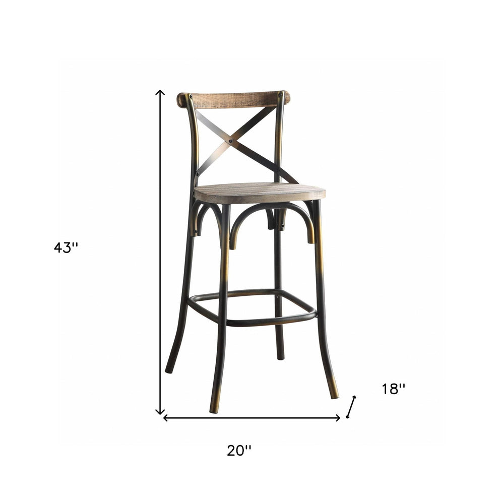 43" Oak And Black and Gold Solid Wood And Metal Bar Height Bar Chair - Homeroots