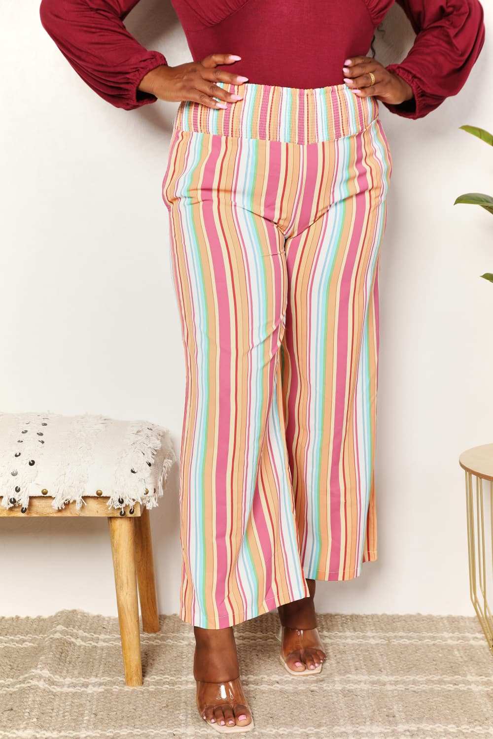 Double Take Striped Smocked Waist Pants with Pockets - Trendsi - Flyclothing LLC