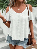 Eyelet Cold Shoulder Short Sleeve Blouse - Trendsi - Flyclothing LLC
