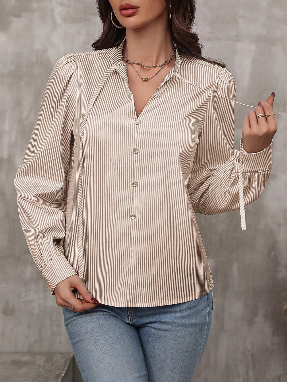 Tied Striped Long Sleeve Blouse - Trendsi - Flyclothing LLC