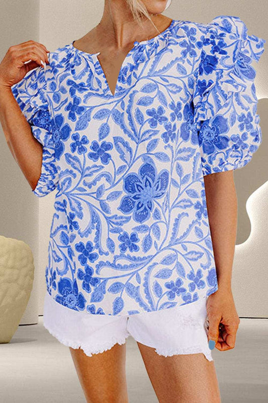 Printed Notched Half Sleeve Blouse - Trendsi - Flyclothing LLC