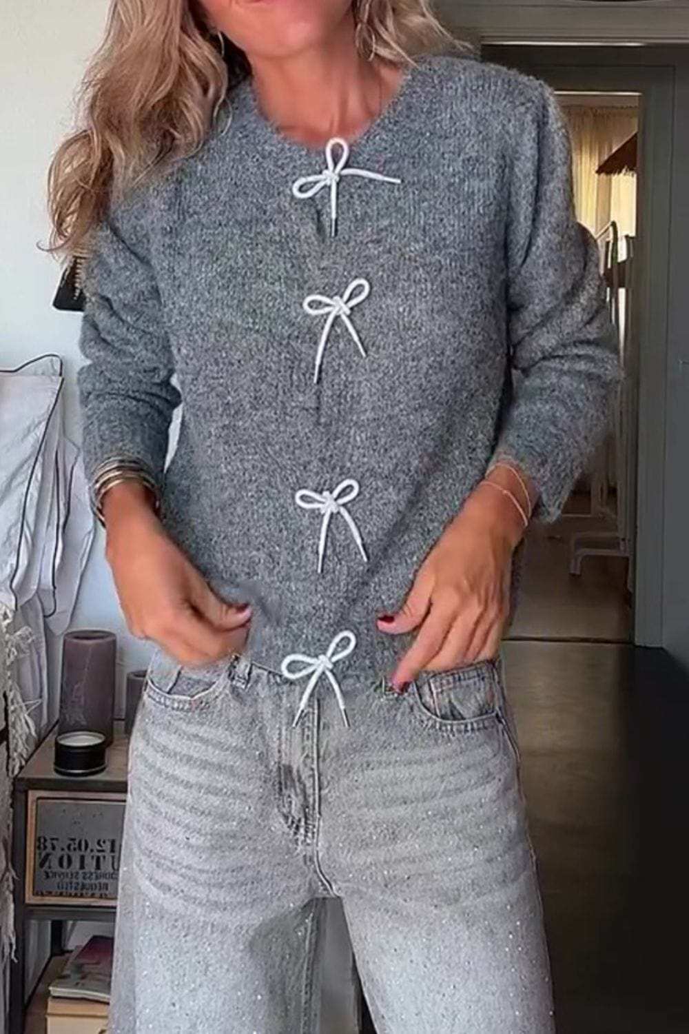 Bow Round Neck Long Sleeve Cardigan - Trendsi - Flyclothing LLC