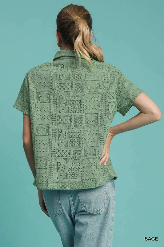 Umgee Patch Lace Short Sleeve Button Down Shirt - Trendsi - Flyclothing LLC