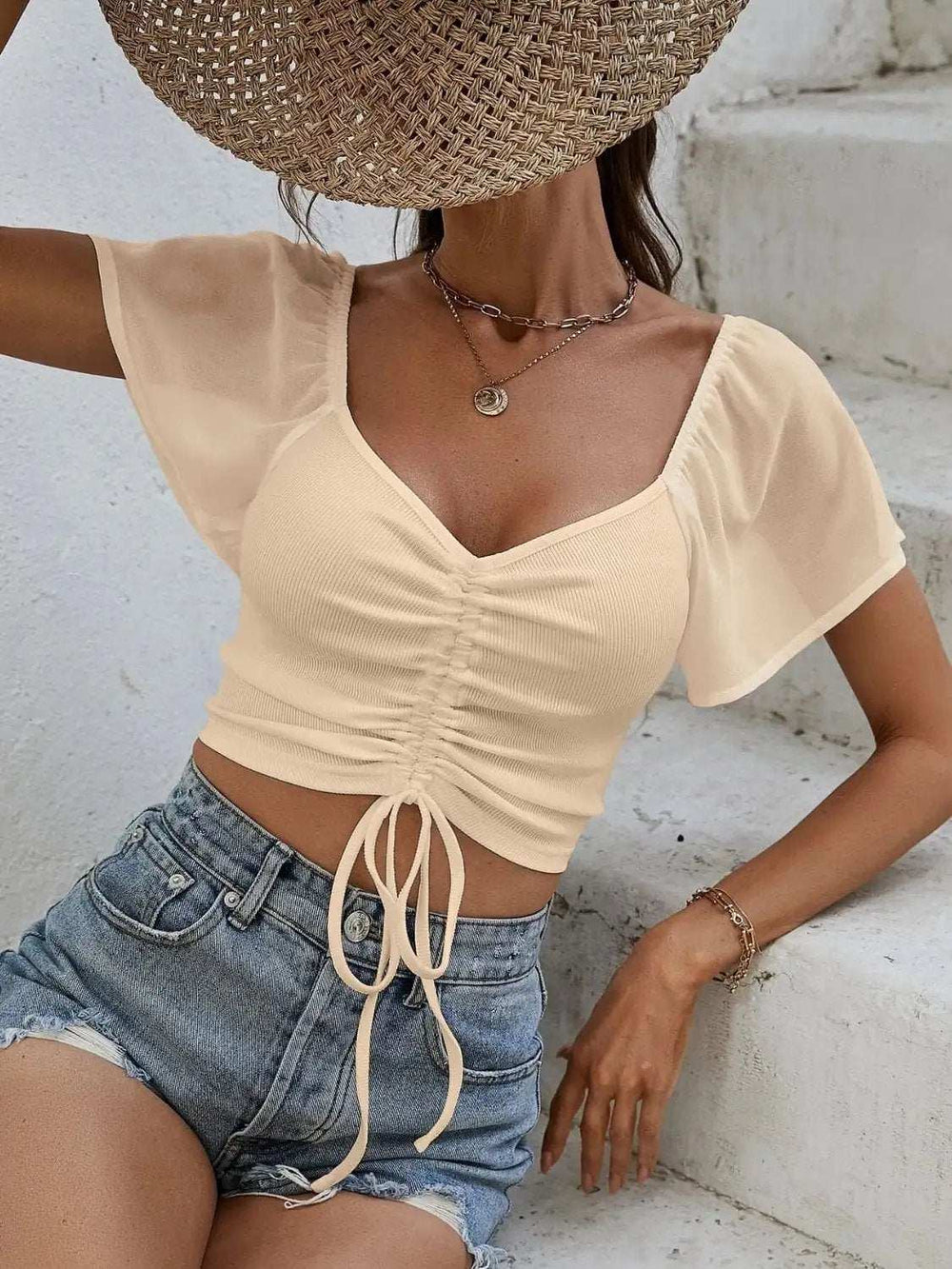 Drawstring Short Sleeve Crop Top - Trendsi - Flyclothing LLC