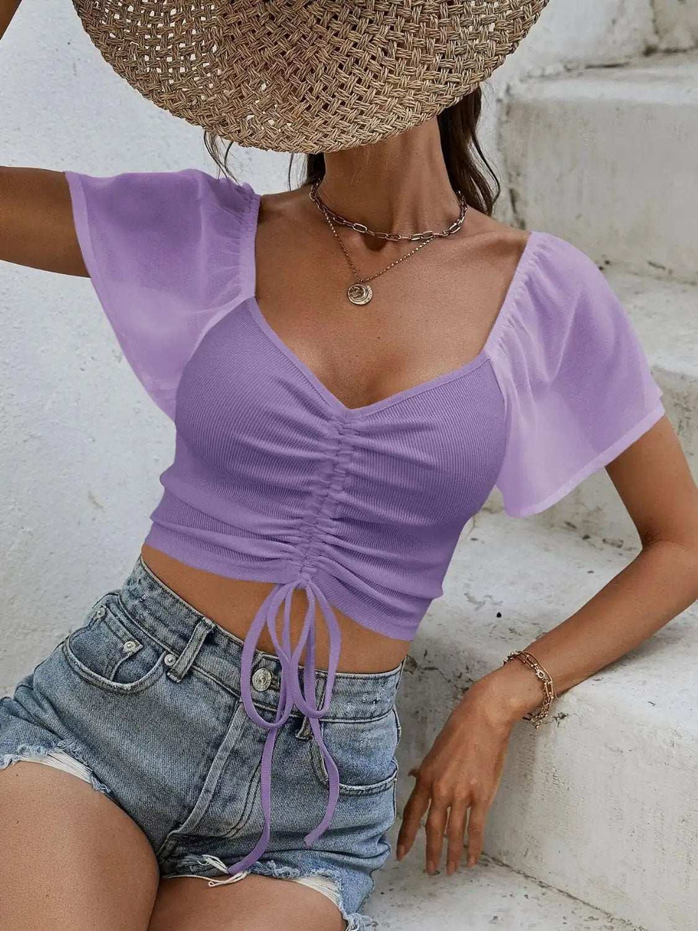 Drawstring Short Sleeve Crop Top - Trendsi - Flyclothing LLC