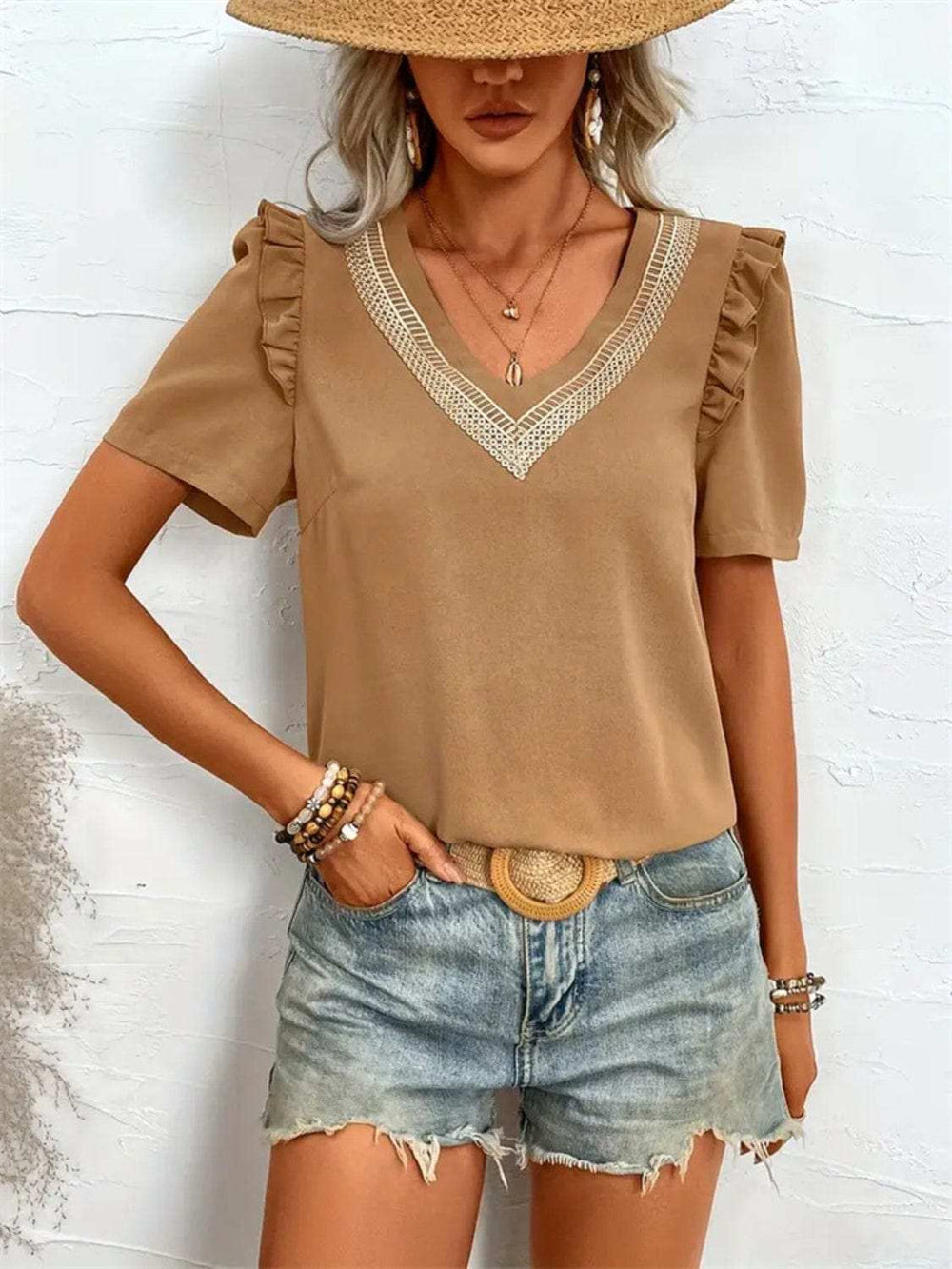 Ruffled V-Neck Short Sleeve Blouse - Trendsi - Flyclothing LLC