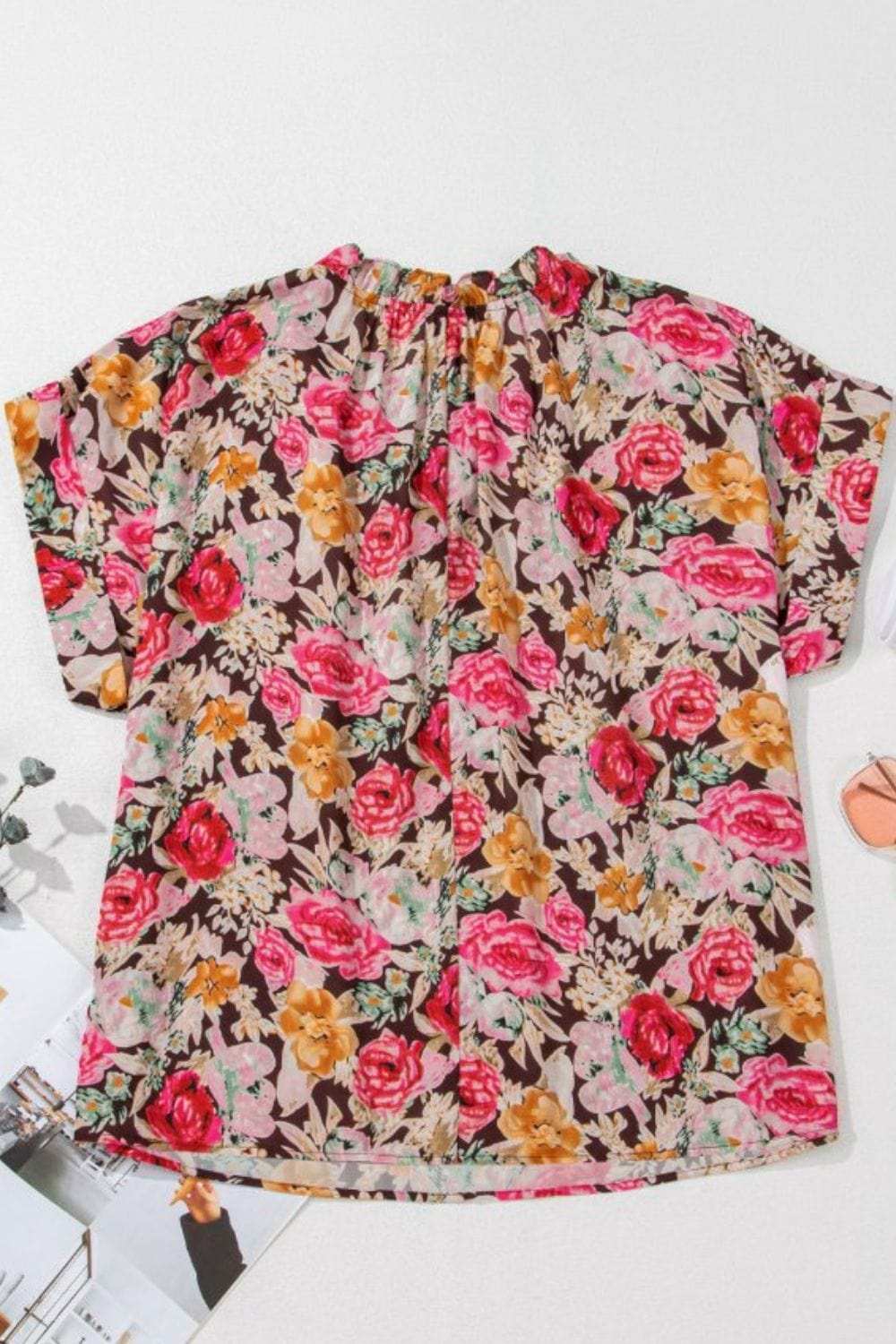 Floral Tie Neck Short Sleeve Blouse - Trendsi - Flyclothing LLC