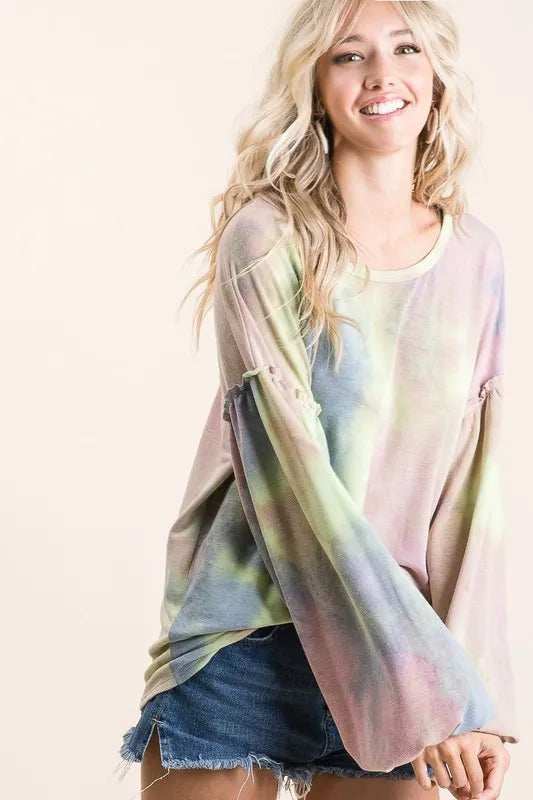 BiBi Tie Dye French Terry Sweatshirt With Bubble Sleeves - Trendsi - Flyclothing LLC
