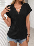 Openwork V-Neck Short Sleeve T-Shirt - Trendsi - Flyclothing LLC