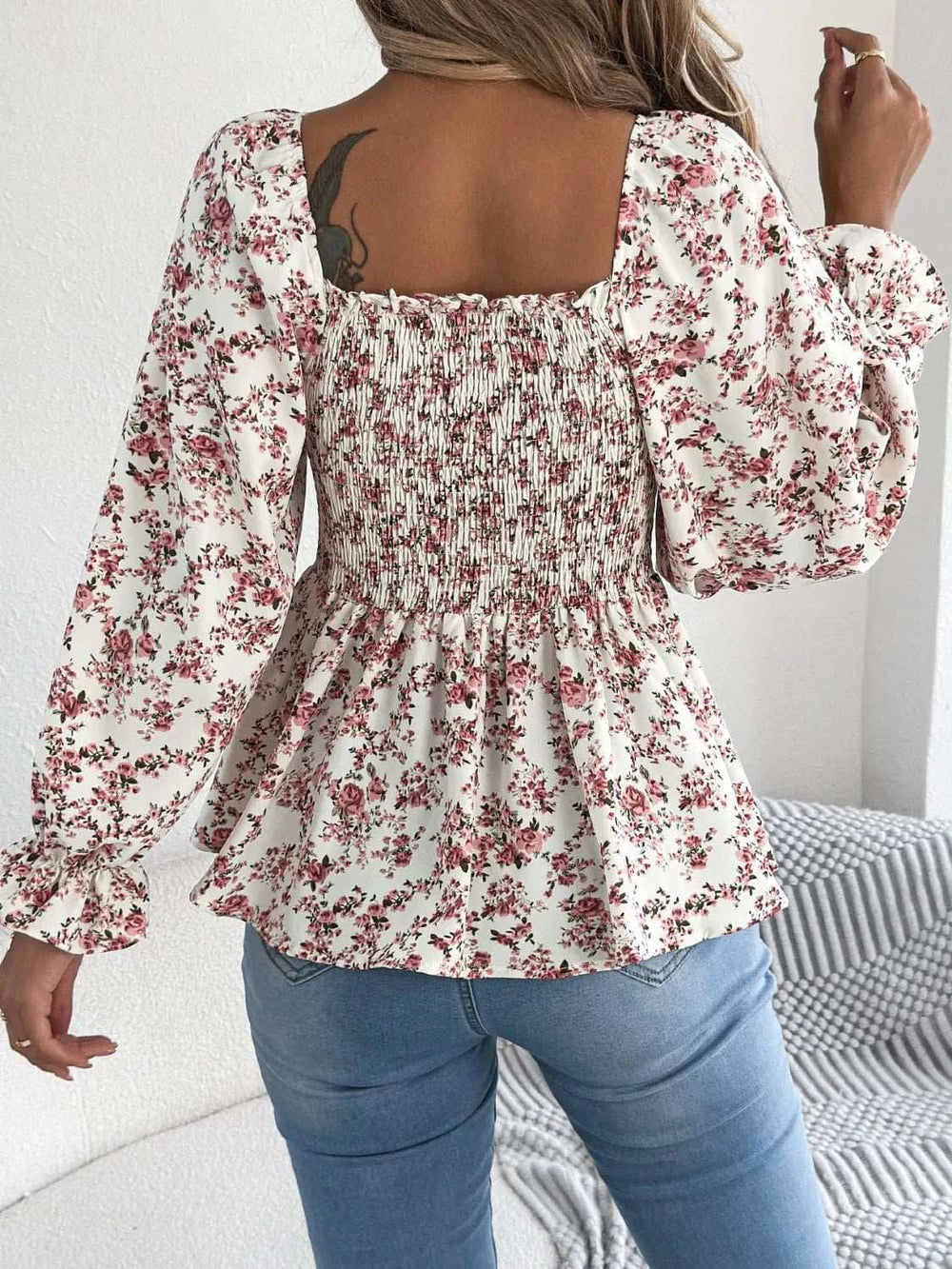 Floral Square Neck Flounce Sleeve Blouse - Trendsi - Flyclothing LLC