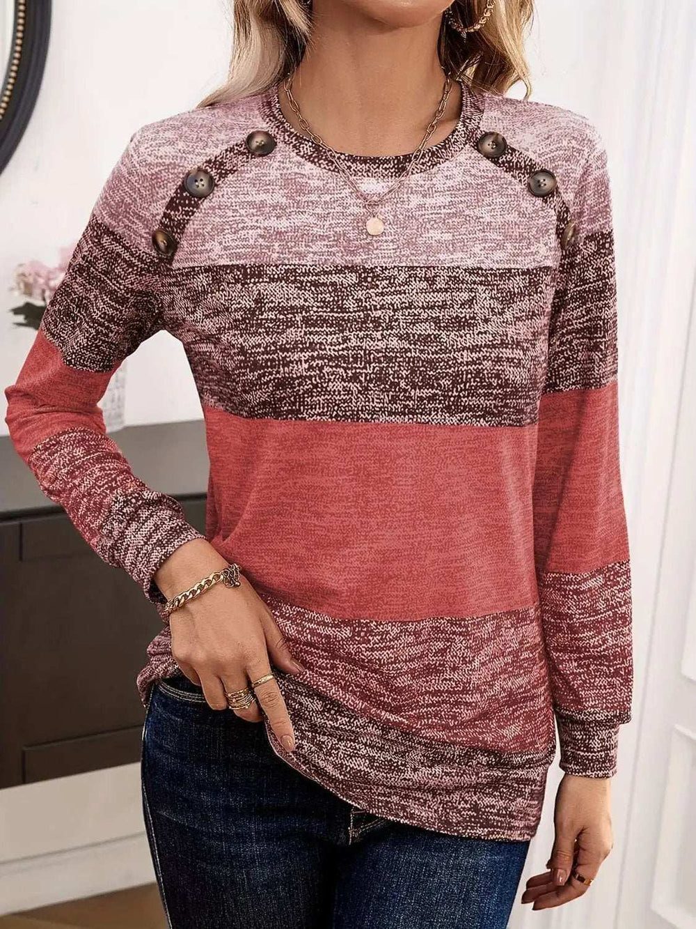 Decorative Button Contrast Round Neck Long Sleeve T-Shirt - Trendsi - Flyclothing LLC