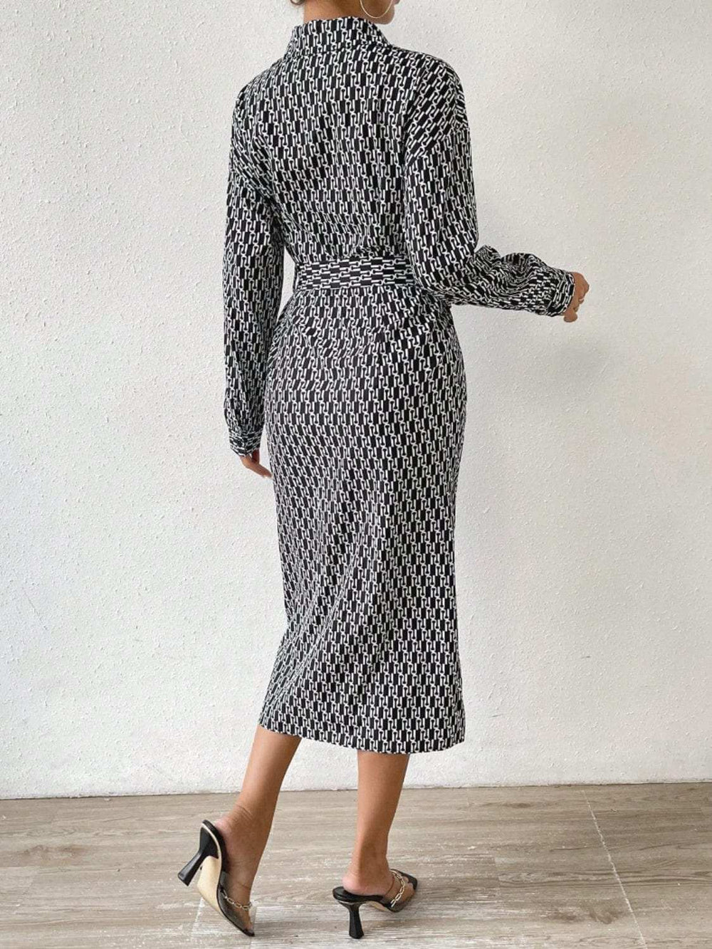 Printed Tie Waist Long Sleeve Midi Shirt Dress - Trendsi - Flyclothing LLC