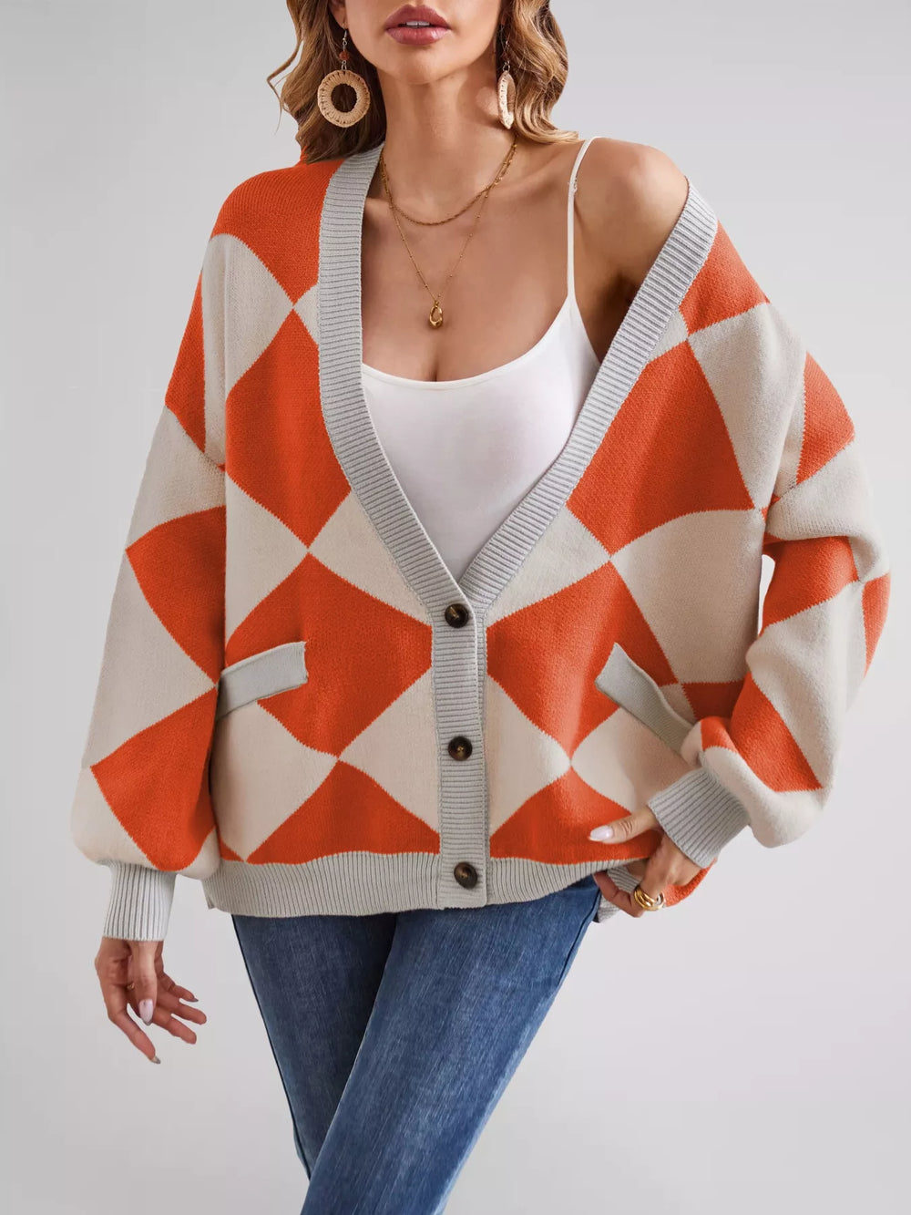 Diamond Pattern Button-Up Knit Cardigan - Trendsi - Flyclothing LLC