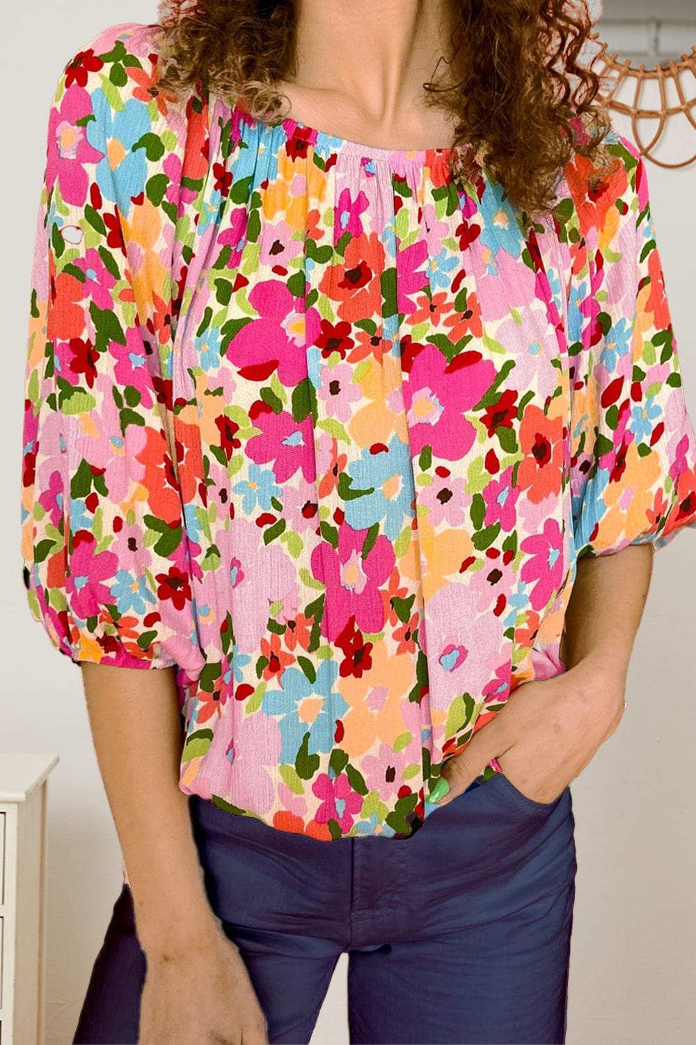 Printed Round Neck Half Sleeve Blouse - Trendsi - Flyclothing LLC
