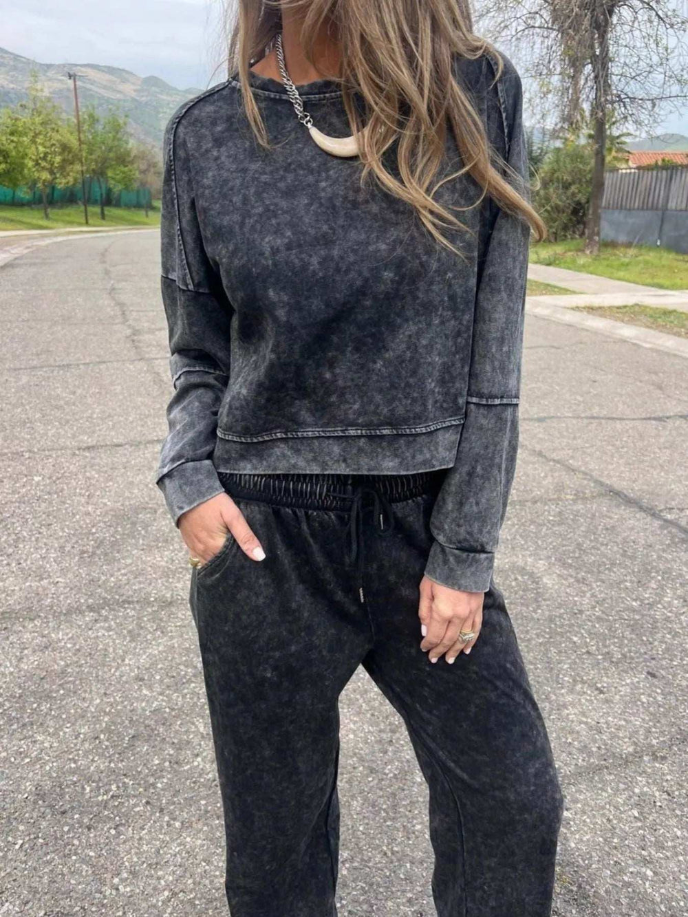 Full Size Washed Round Neck Top and Drawstring Pants Set Plus Size - Trendsi - Flyclothing LLC