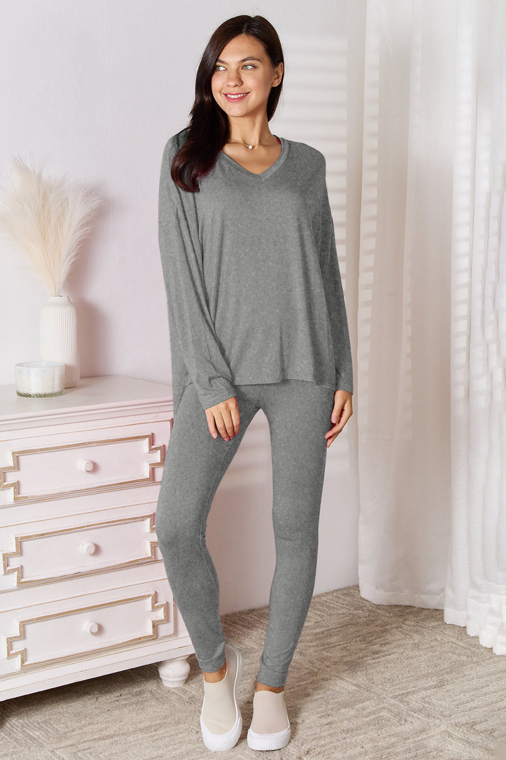 Basic Bae Bamboo Full Size V-Neck Long Sleeve Top and Pants Lounge Set - ShopBasicbae - Flyclothing LLC
