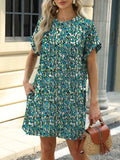 Printed Round Neck Short Sleeve Mini Dress - Trendsi - Flyclothing LLC