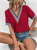 Full Size V-Neck Short Sleeve Blouse - Trendsi - Flyclothing LLC