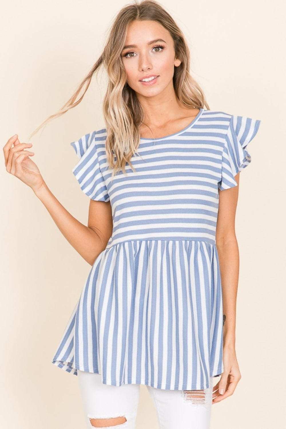 BOMBOM Striped Round Neck Blouse - Trendsi - Flyclothing LLC