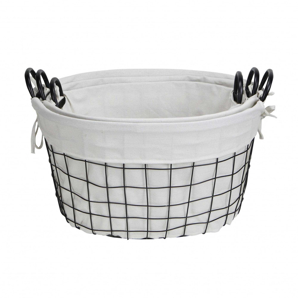 Set Of Three Black Oval Wire Baskets with White Fabric Liners and Handles - Homeroots - Flyclothing LLC