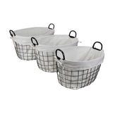 Set Of Three Black Oval Wire Baskets with White Fabric Liners and Handles - Homeroots - Flyclothing LLC