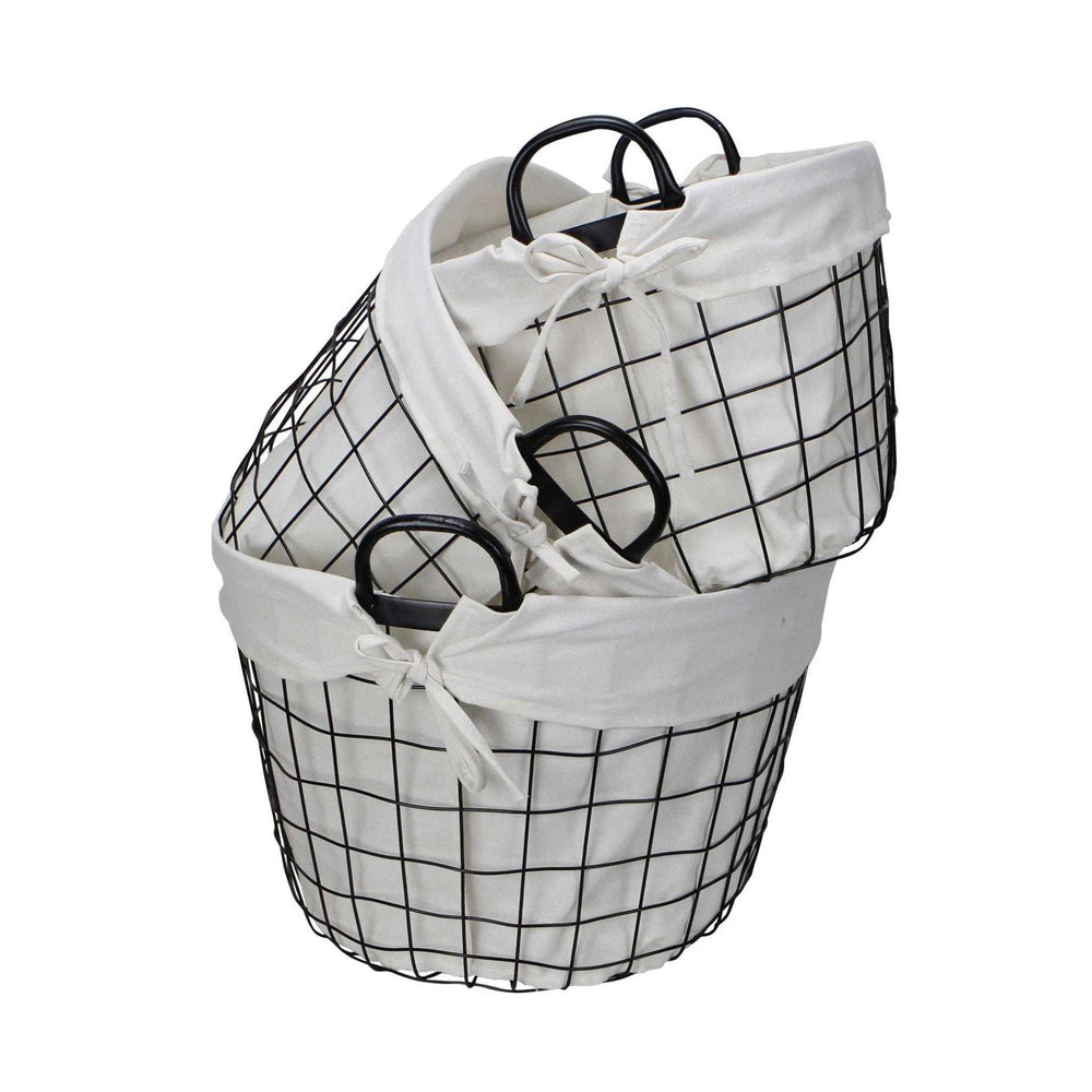 Set Of Three Black Oval Wire Baskets with White Fabric Liners and Handles - Homeroots - Flyclothing LLC