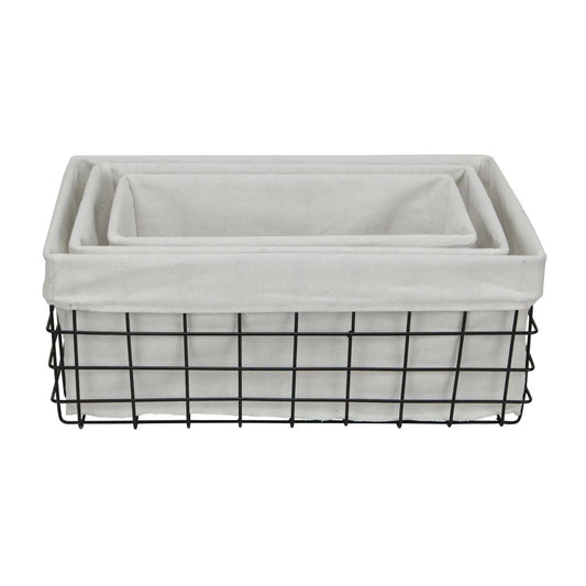 Set Of 3 Rectangular White Lined And Metal Wire Baskets - Homeroots - Flyclothing LLC