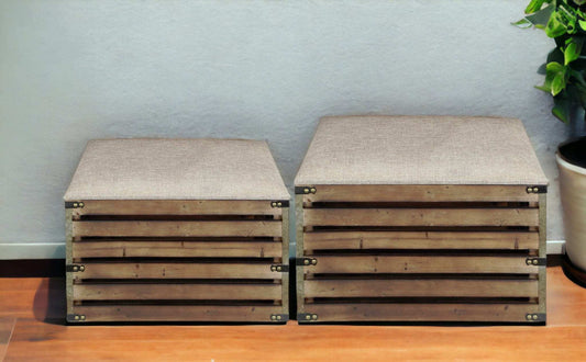 Set of Two Brown Wood Slat and Upholstery Storage Benches With Flip Top - Homeroots - Flyclothing LLC