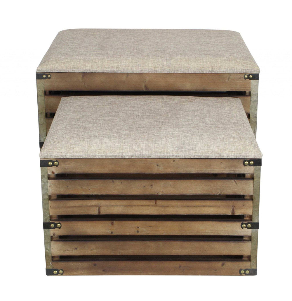 Set of Two Brown Wood Slat and Upholstery Storage Benches With Flip Top - Homeroots - Flyclothing LLC