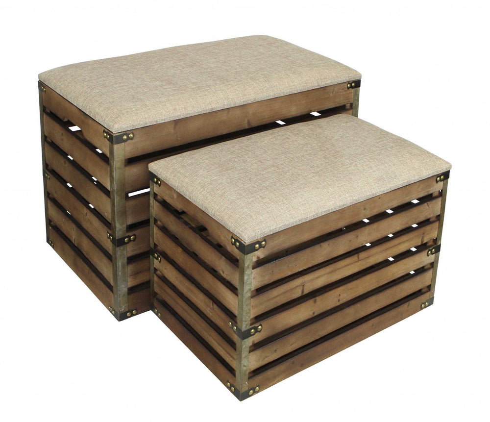 Set of Two Brown Wood Slat and Upholstery Storage Benches With Flip Top - Homeroots - Flyclothing LLC