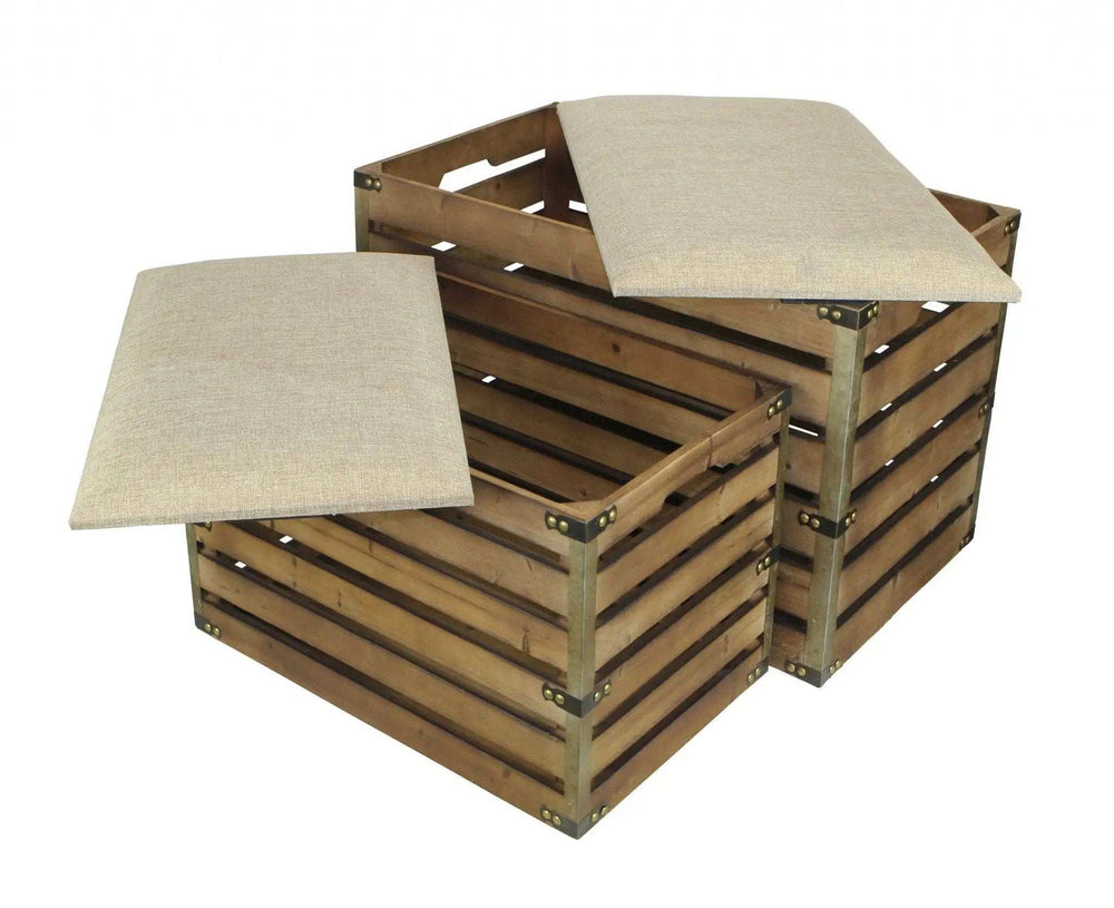 Set of Two Brown Wood Slat and Upholstery Storage Benches With Flip Top - Homeroots - Flyclothing LLC