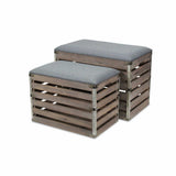 Set Of 2 Rectangular Gray Linen Fabric And Wood Slats Storage Benches - Homeroots - Flyclothing LLC