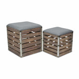 Set Of 2 Square Gray Linen Fabric And Wood Slats Storage Benches - Homeroots - Flyclothing LLC