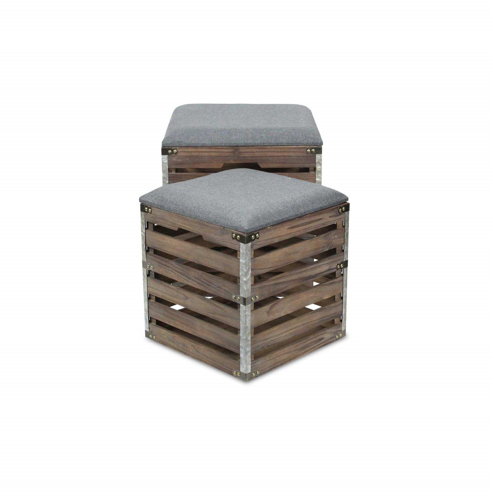 Set Of 2 Square Gray Linen Fabric And Wood Slats Storage Benches - Homeroots - Flyclothing LLC