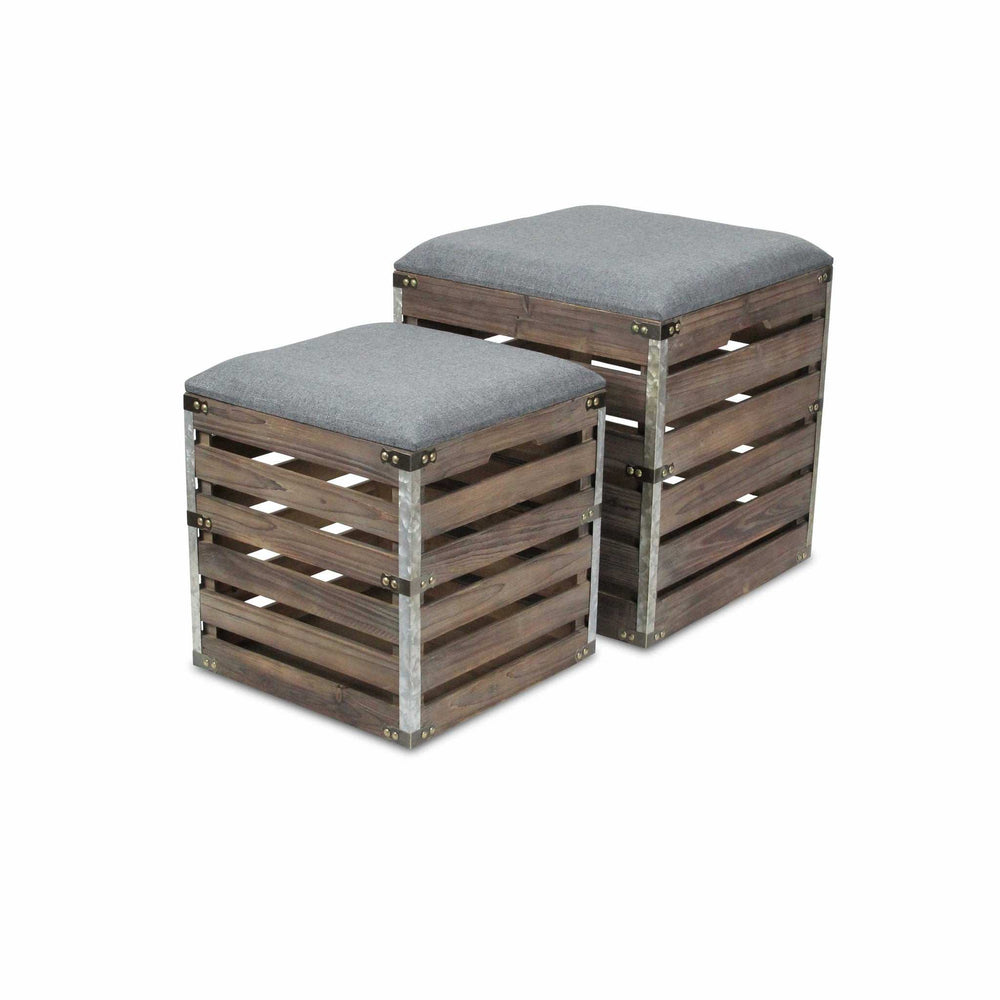 Set Of 2 Square Gray Linen Fabric And Wood Slats Storage Benches - Homeroots - Flyclothing LLC