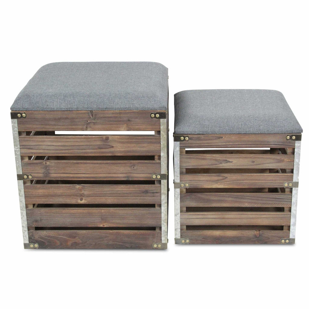 Set Of 2 Square Gray Linen Fabric And Wood Slats Storage Benches - Homeroots - Flyclothing LLC