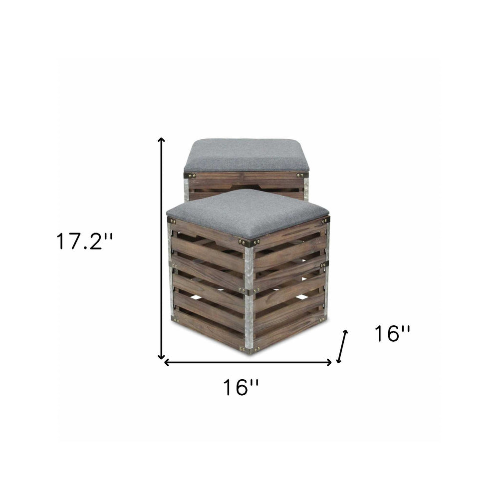 Set Of 2 Square Gray Linen Fabric And Wood Slats Storage Benches - Homeroots - Flyclothing LLC