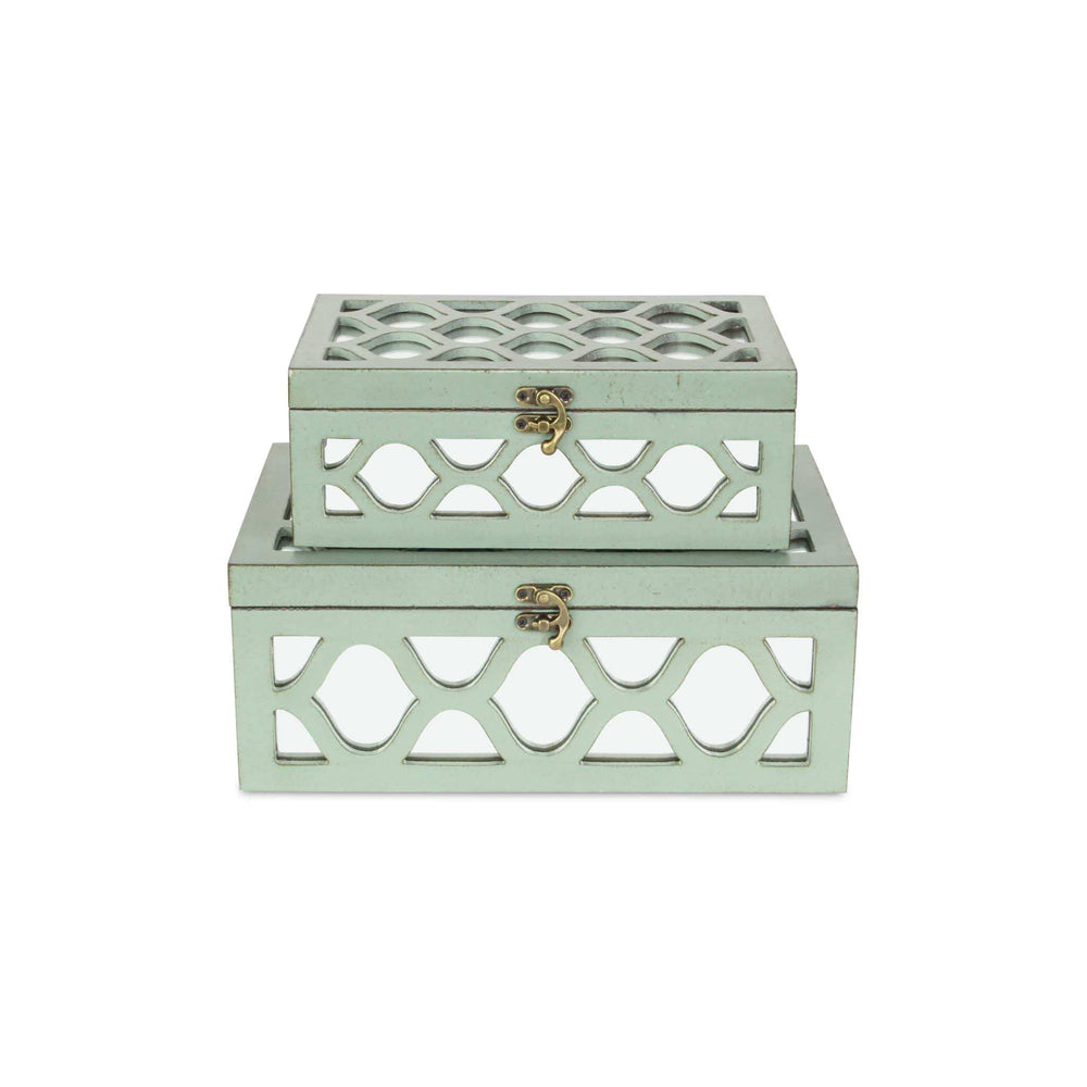 Set Of 2 Blue Wooden Boxes With Overlayed Mirror Panels - Homeroots - Flyclothing LLC