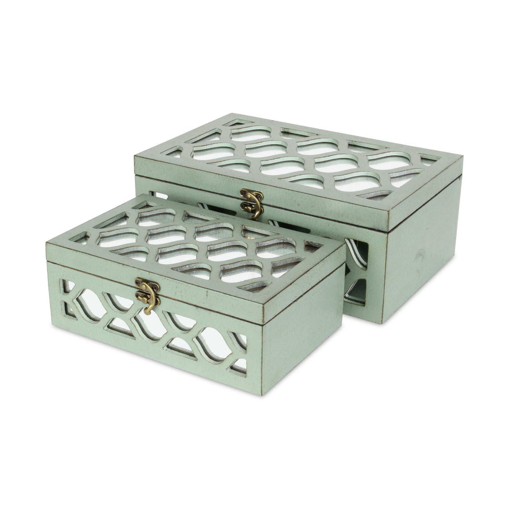 Set Of 2 Blue Wooden Boxes With Overlayed Mirror Panels - Homeroots - Flyclothing LLC