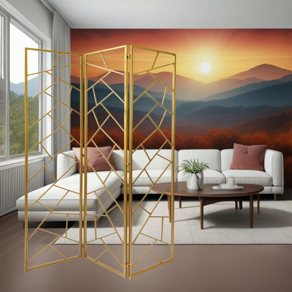 71" Gold IronFolding Three Panel Screen Room Divider - Homeroots