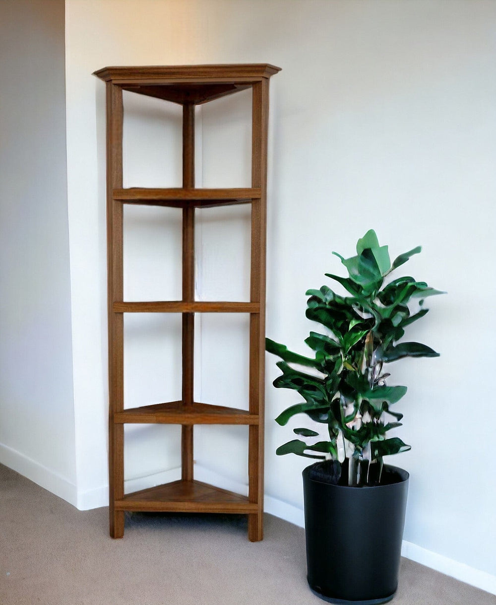 60" Walnut Solid Wood Four Tier Corner Bookcase - Homeroots - Flyclothing LLC
