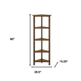60" Walnut Solid Wood Four Tier Corner Bookcase - Homeroots - Flyclothing LLC