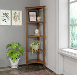 60" Walnut Solid Wood Four Tier Corner Bookcase - Homeroots - Flyclothing LLC