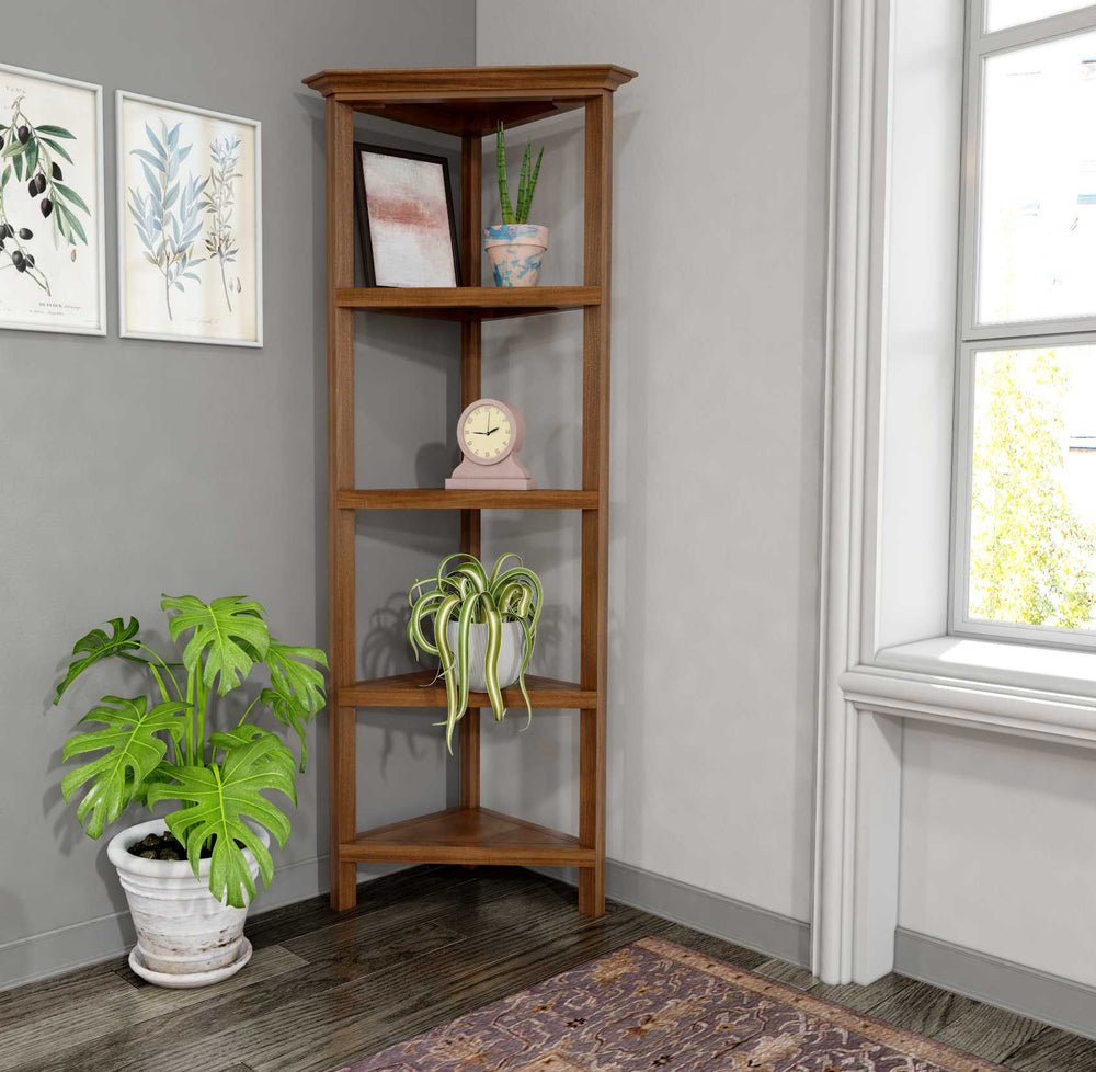 60" Walnut Solid Wood Four Tier Corner Bookcase - Homeroots - Flyclothing LLC