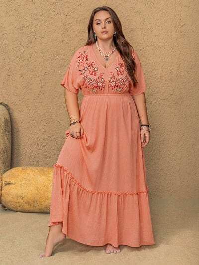 Plus Size Frill Embroidered V-Neck Half Sleeve Maxi Dress - Trendsi - Flyclothing LLC