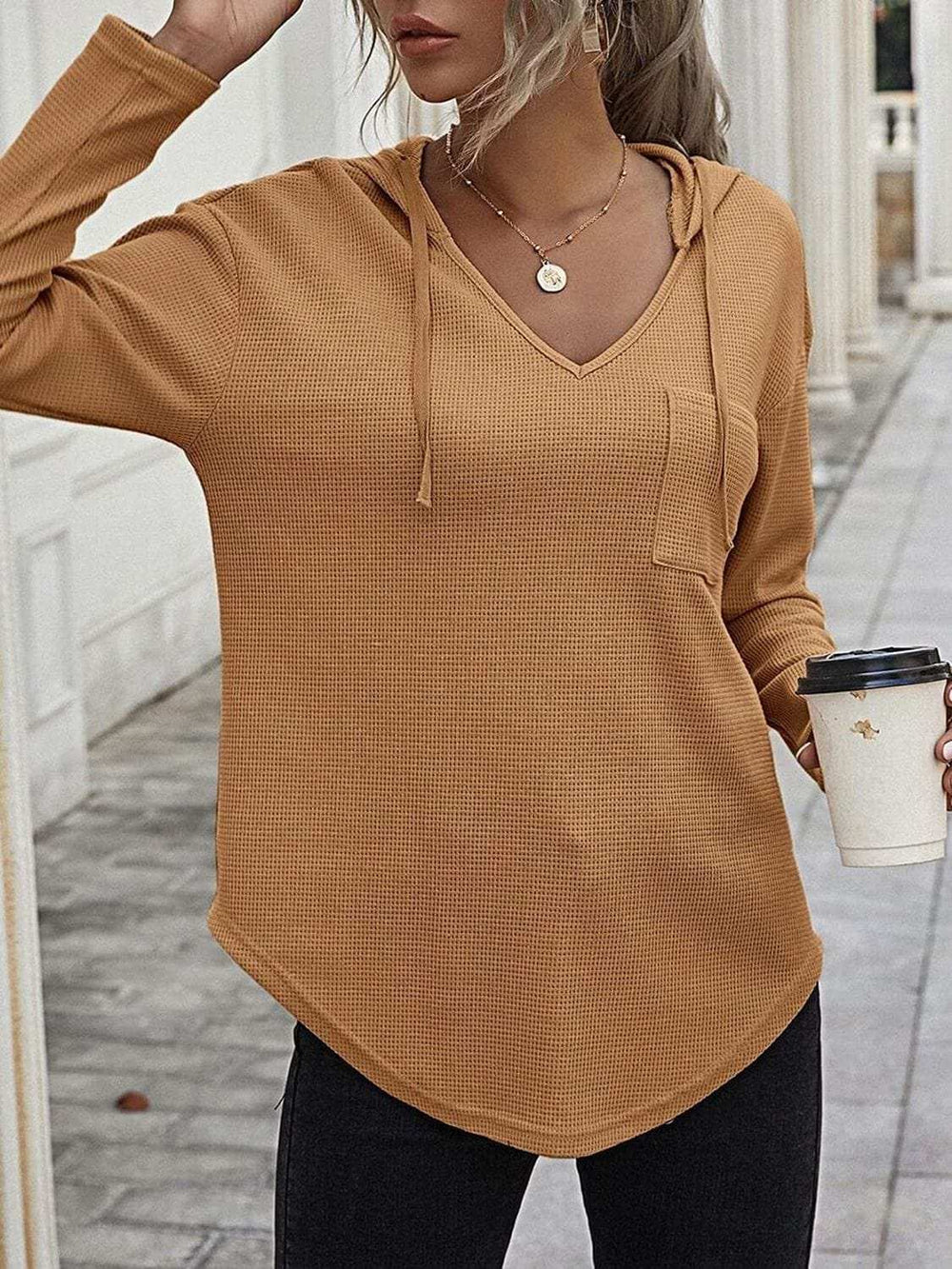 Drawstring Waffle Knit Long Sleeve Hooded Top - Trendsi - Flyclothing LLC