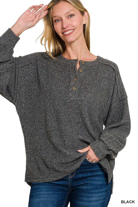 Zenana Full Size Ribbed Brushed Hacci Melange Henley Sweater Plus Size - Trendsi - Flyclothing LLC