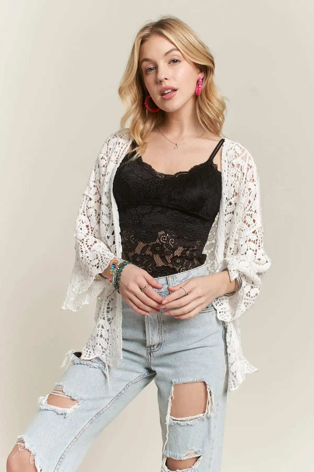 ADORA Leaf Pattern Crochet Cardigan - Trendsi - Flyclothing LLC