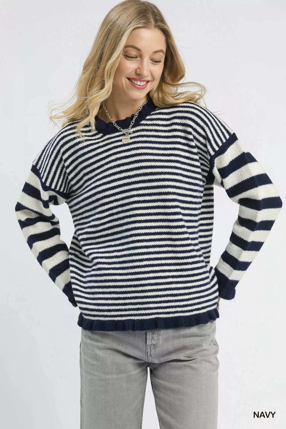 Umgee Ruffle Neck Stripe Sweater - Trendsi - Flyclothing LLC