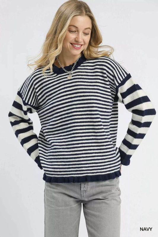 Umgee Ruffle Neck Stripe Sweater - Trendsi - Flyclothing LLC